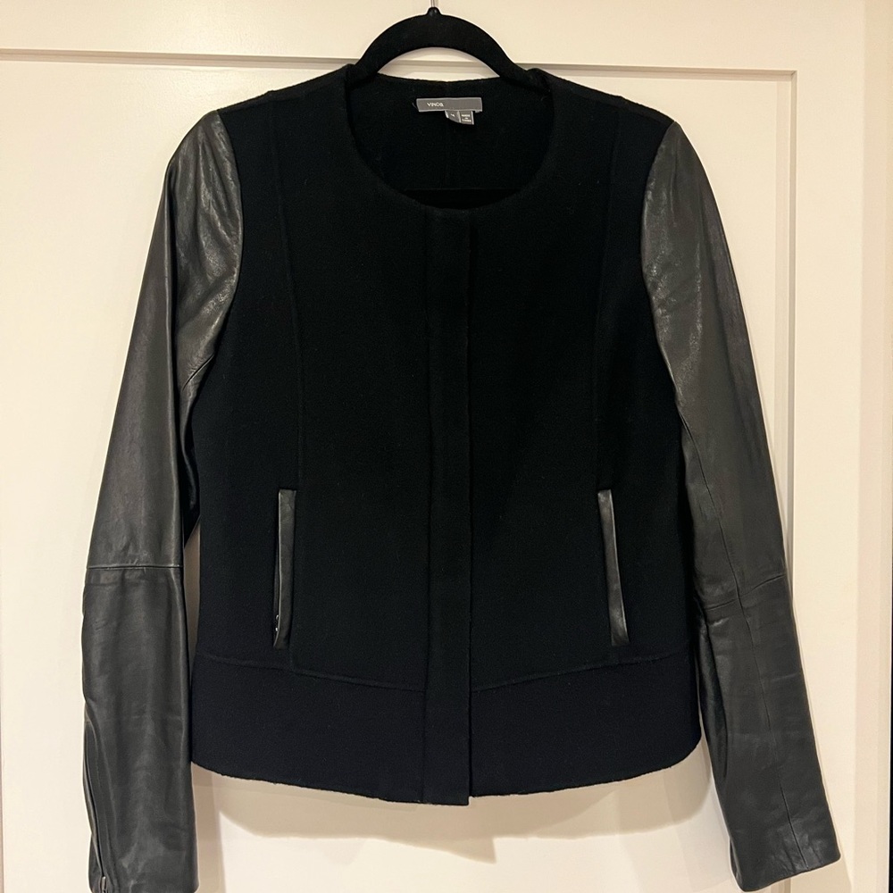 Vince Black Leather Jacket Modern Bomber Style